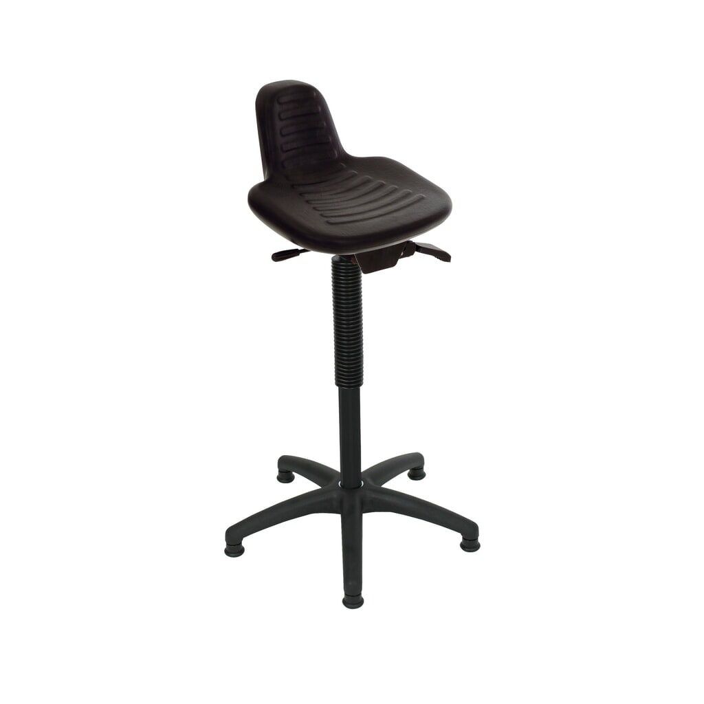Opora pro stání HEMMDAL, PU sedák s opěradlem a rukojetí, výška sezení 580–840 mm, podlahový kluzák Obrázek produktu: Opora pro stání HEMMDAL, PU sedák s opěradlem a rukojetí, výška sezení 580–840 mm, podlahový kluzák