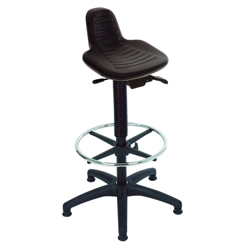 Číslo obrázku produktu 1: Opora pro stání HEMMDAL, PU sedák s opěradlem a rukojetí, výška sezení 580–840 mm, prstencová podnož, podlahový kluzák