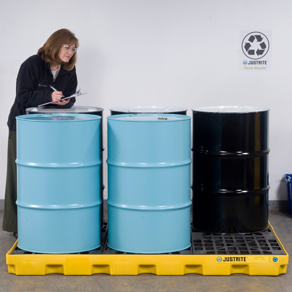 Justrite® plochá sběrná vana z PE, 6 × 200 l, objem 276 l, žlutá Číslo obrázku produktu 2: Justrite® plochá sběrná vana z PE, 6 × 200 l, objem 276 l, žlutá