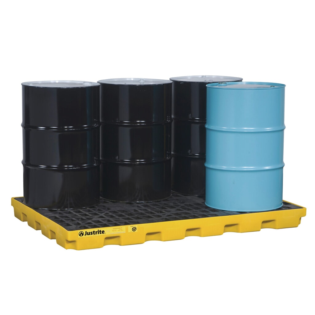 Justrite® plochá sběrná vana z PE, 6 × 200 l, objem 276 l, žlutá Obrázek produktu: Justrite® plochá sběrná vana z PE, 6 × 200 l, objem 276 l, žlutá