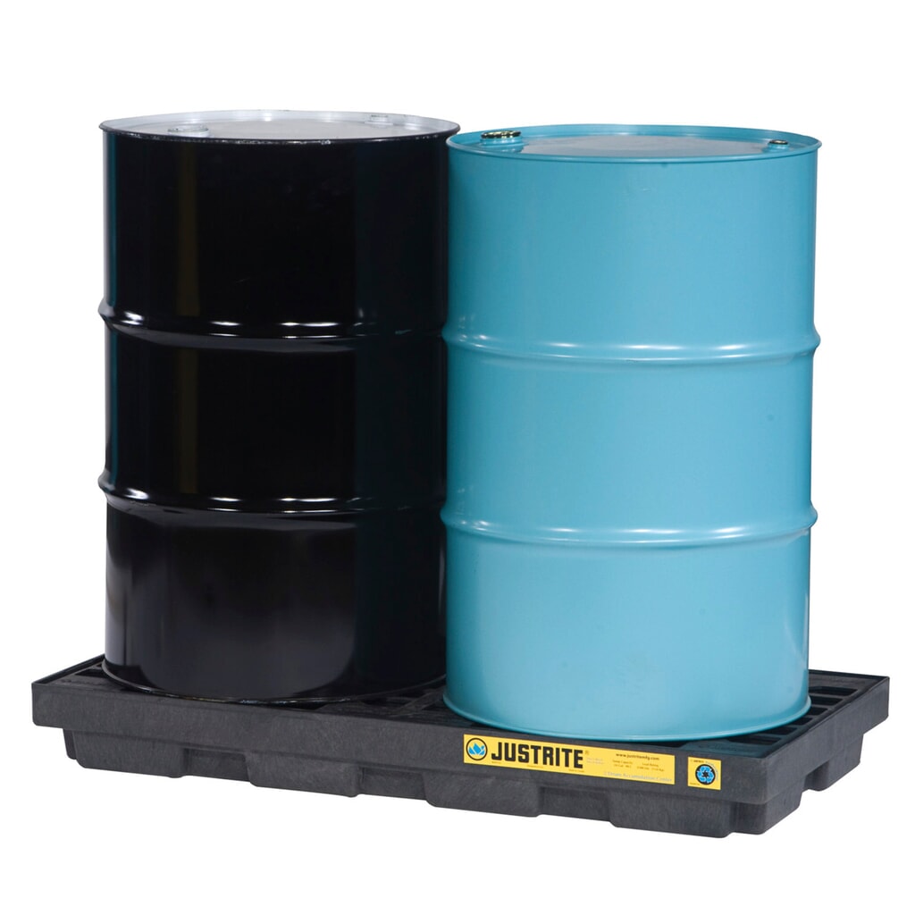 Justrite® plochá sběrná vana z PE, 2 × 200 l, objem 90 l, černá Obrázek produktu: Justrite® plochá sběrná vana z PE, 2 × 200 l, objem 90 l, černá