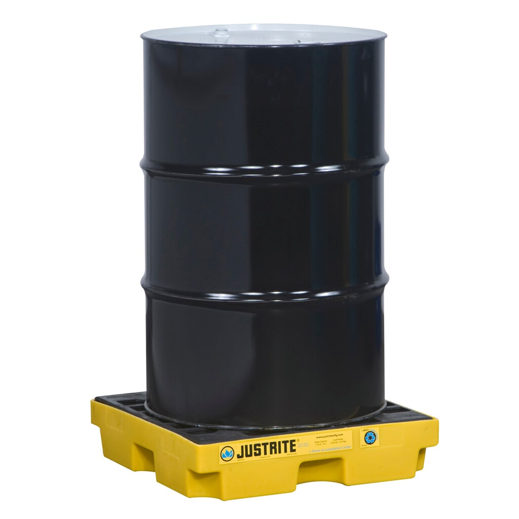 Justrite® plochá sběrná vana z PE, 1 × 200 l, objem 45 l, žlutá Obrázek produktu: Justrite® plochá sběrná vana z PE, 1 × 200 l, objem 45 l, žlutá