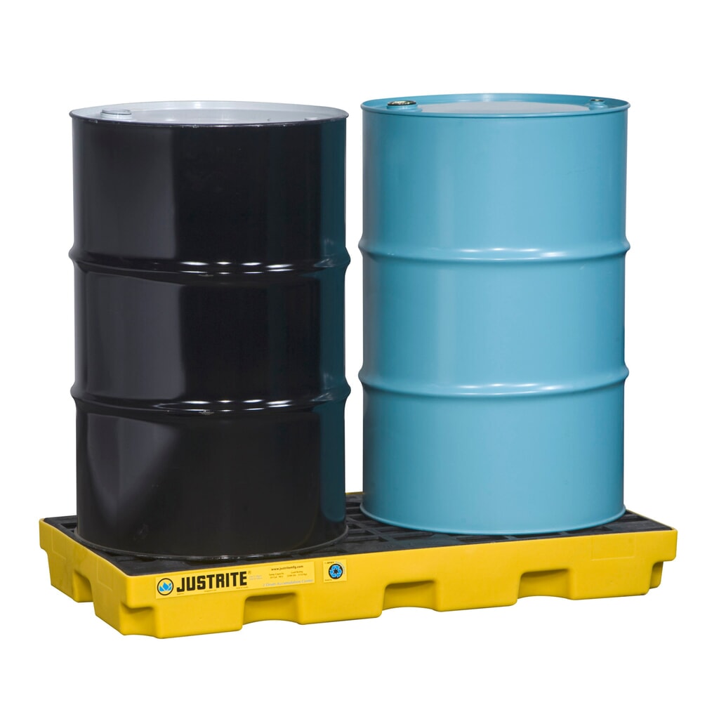 Justrite® plochá sběrná vana z PE, 2 × 200 l, objem 90 l, žlutá Obrázek produktu: Justrite® plochá sběrná vana z PE, 2 × 200 l, objem 90 l, žlutá