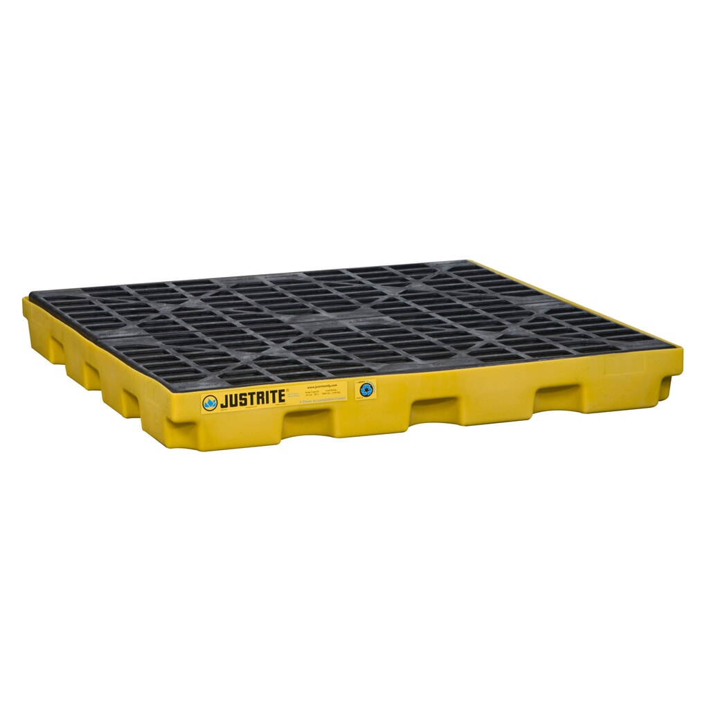 Justrite® plochá sběrná vana z PE, 4 × 200 l, objem 185 l, žlutá Obrázek produktu: Justrite® plochá sběrná vana z PE, 4 × 200 l, objem 185 l, žlutá