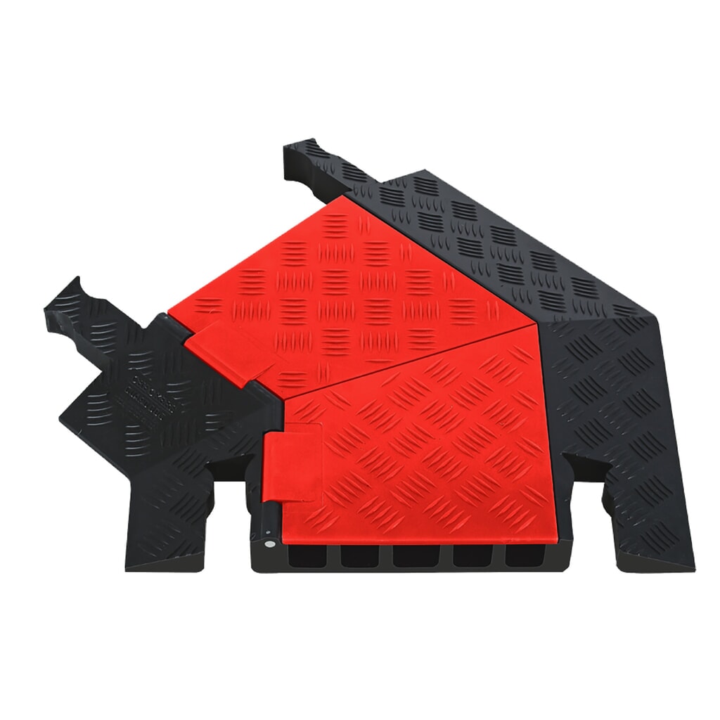Kabelový můstek Justrite® Guard Dog®, ohyb 45° vlevo, 5 kanálů, DxŠ 620 x 500 mm, černá/oranžová Obrázek produktu: Kabelový můstek Justrite® Guard Dog®, ohyb 45° vlevo, 5 kanálů, DxŠ 620 x 500 mm, černá/oranžová