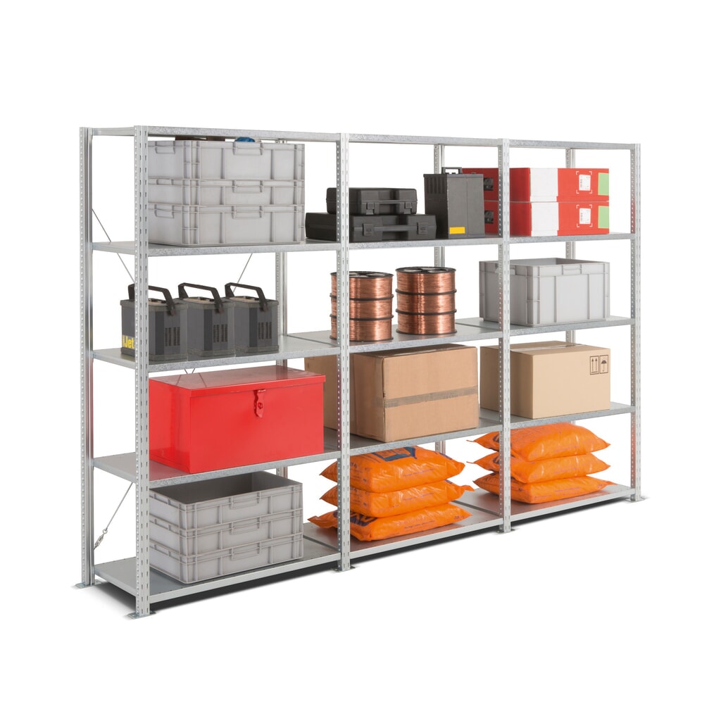 Policový regál ManOrga, kompletní sada, nosnost police 340 kg, VxŠxH 2000 x 3043 x 510 mm Obrázek produktu: Policový regál ManOrga, kompletní sada, nosnost police 340 kg, VxŠxH 2000 x 3043 x 510 mm