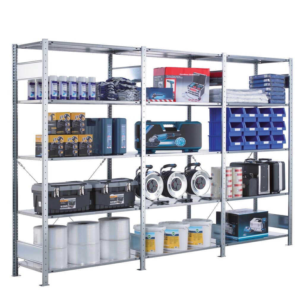 Policový regál SCHULTE, kompletní sada, pozink, 15 polic z ocelového plechu, nosnost police 150 kg, VxŠxH 2000 x 3072 x 536 mm Číslo obrázku produktu 2: Policový regál SCHULTE, kompletní sada, pozink, 15 polic z ocelového plechu, nosnost police 150 kg, VxŠxH 2000 x 3072 x 536 mm