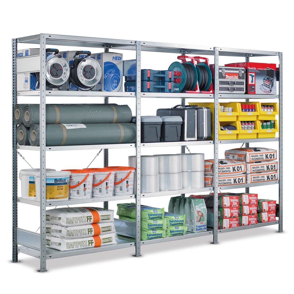 Policový regál SCHULTE, kompletní sada, pozink, nosnost police 330 kg, VxŠxH 2000 x 3072 x 336 mm Obrázek produktu: Policový regál SCHULTE, kompletní sada, pozink, nosnost police 330 kg, VxŠxH 2000 x 3072 x 336 mm
