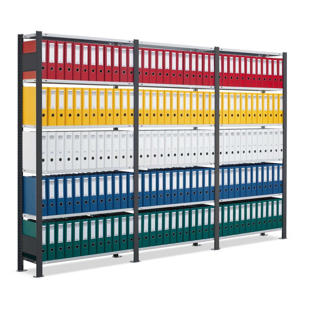 Kompletní sada regálu na spisy SCHULTE, jednostranný, nosnost police 85 kg, V׊×H 2000 × 3000 × 300 mm, černá Obrázek produktu: Kompletní sada regálu na spisy SCHULTE, jednostranný, nosnost police 85 kg, V׊×H 2000 × 3000 × 300 mm, černá