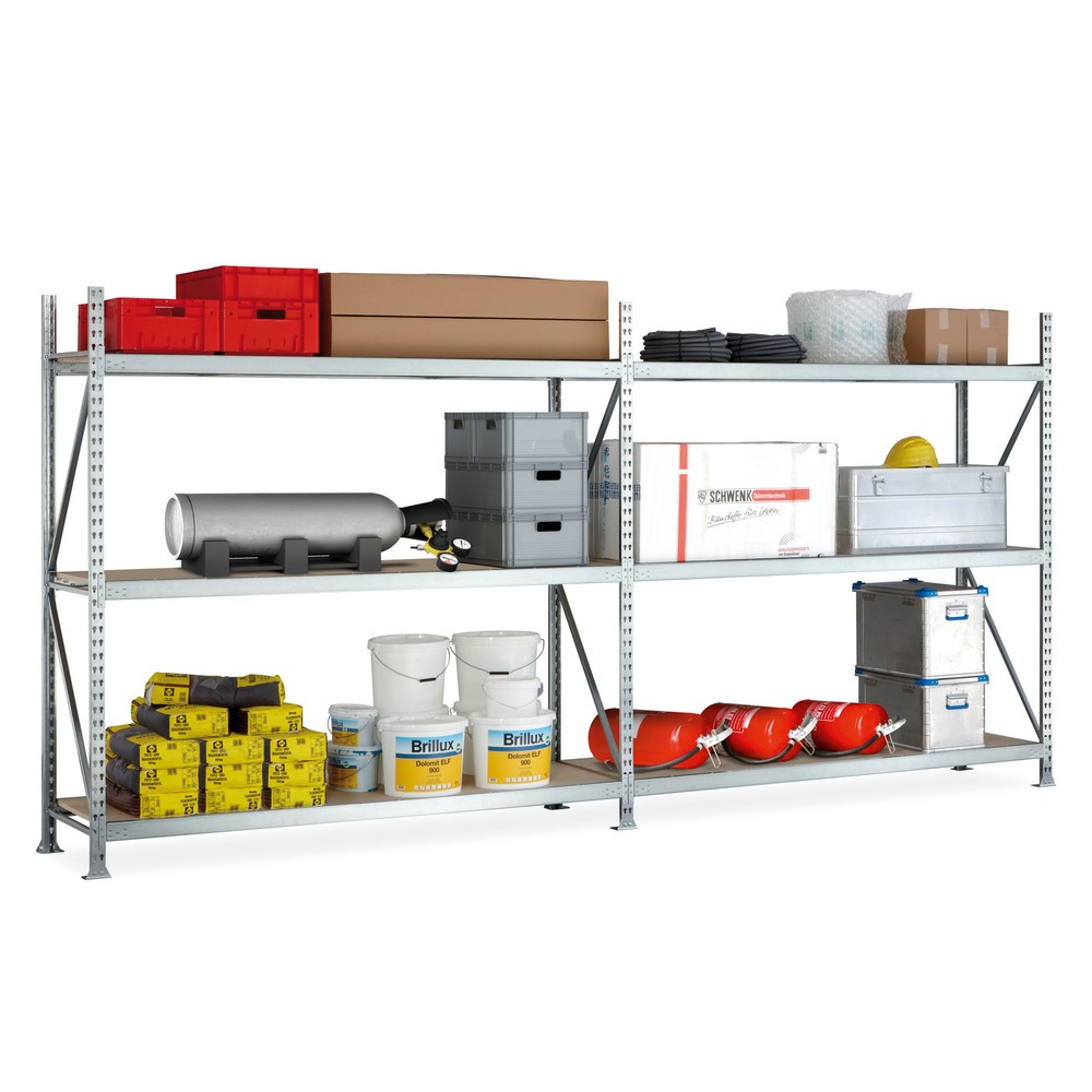 Číslo obrázku produktu 1: Kompletní sada širokého regálu META, s dřevotřískovými deskami, nosnost regálu 600 kg, VxŠxH 2200 x 3600 x 650 mm
