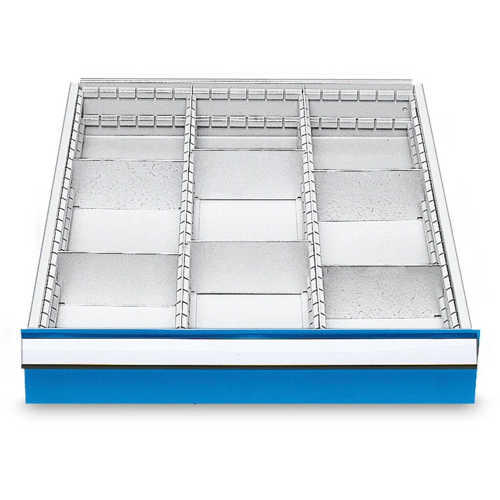 Kovové organizéry do zásuvek pro řadové pracovní stoly Bedrunka+Hirth, pro výšku čela 150 mm, 9 přihrádek Obrázek produktu: Kovové organizéry do zásuvek pro řadové pracovní stoly Bedrunka+Hirth, pro výšku čela 150 mm, 9 přihrádek