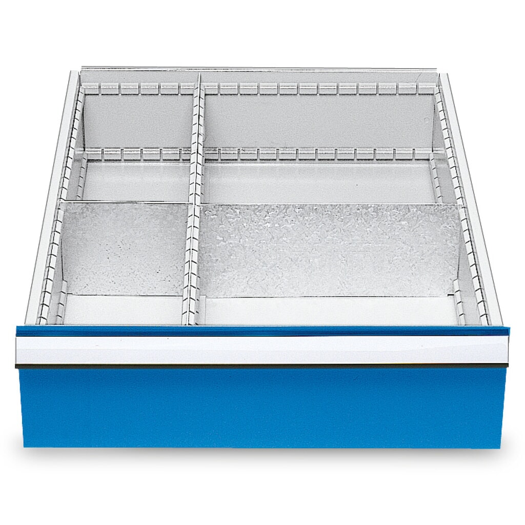 Kovové organizéry do zásuvek pro řadové pracovní stoly Bedrunka+Hirth, pro výšku čela 150 mm, 4 přihrádek Obrázek produktu: Kovové organizéry do zásuvek pro řadové pracovní stoly Bedrunka+Hirth, pro výšku čela 150 mm, 4 přihrádek