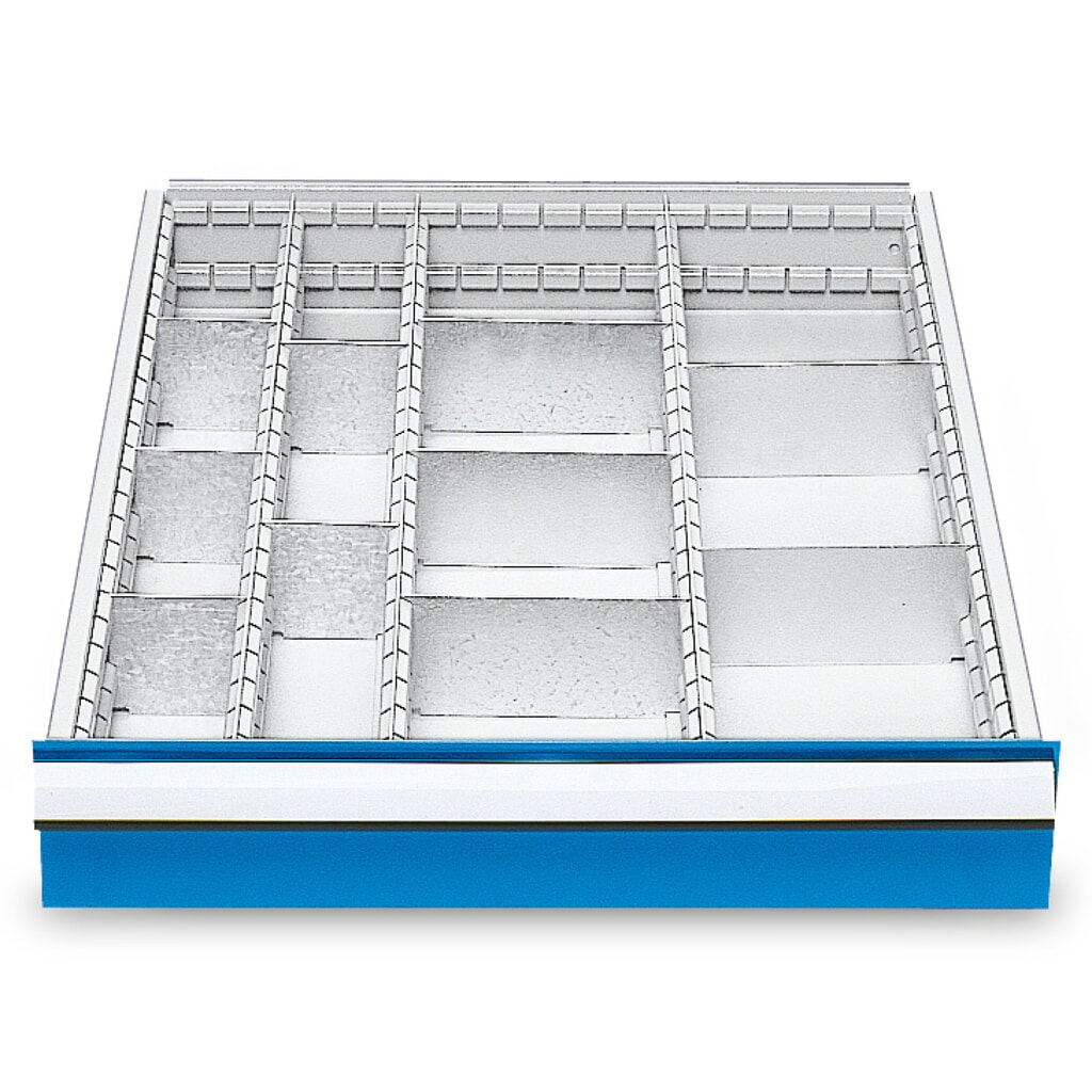 Kovové organizéry do zásuvek pro řadové pracovní stoly Bedrunka+Hirth, pro výšku čela 100 mm Obrázek produktu: Kovové organizéry do zásuvek pro řadové pracovní stoly Bedrunka+Hirth, pro výšku čela 100 mm