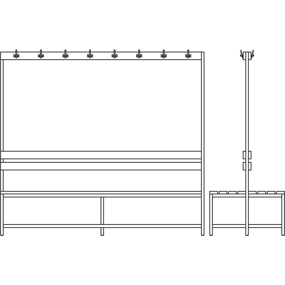 Číslo obrázku produktu 2: Lavice do šatny HEMMDAL HUB-1, oboustranná, s háčkovou lištou a roštem na boty, délka 2000 mm