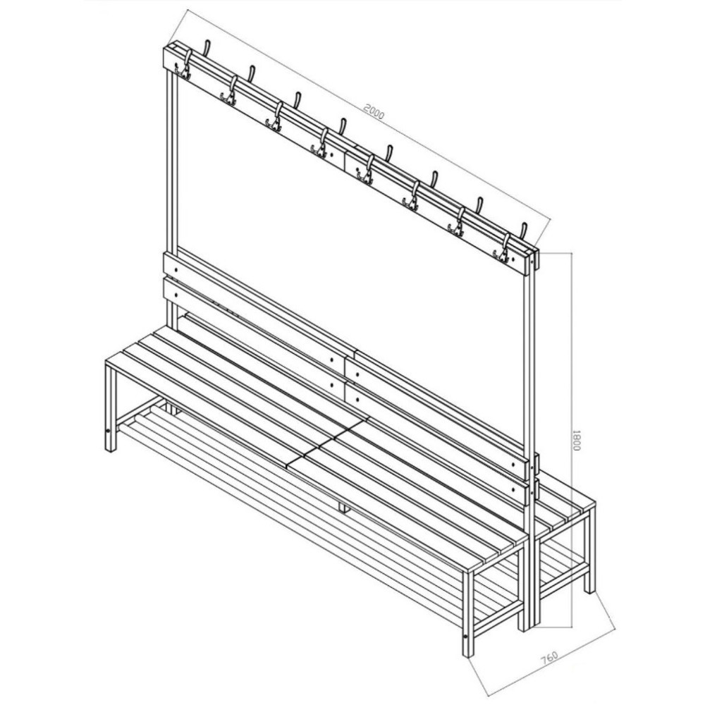 Číslo obrázku produktu 3: Lavice do šatny HEMMDAL HUB-1, oboustranná, s háčkovou lištou a roštem na boty, délka 2000 mm