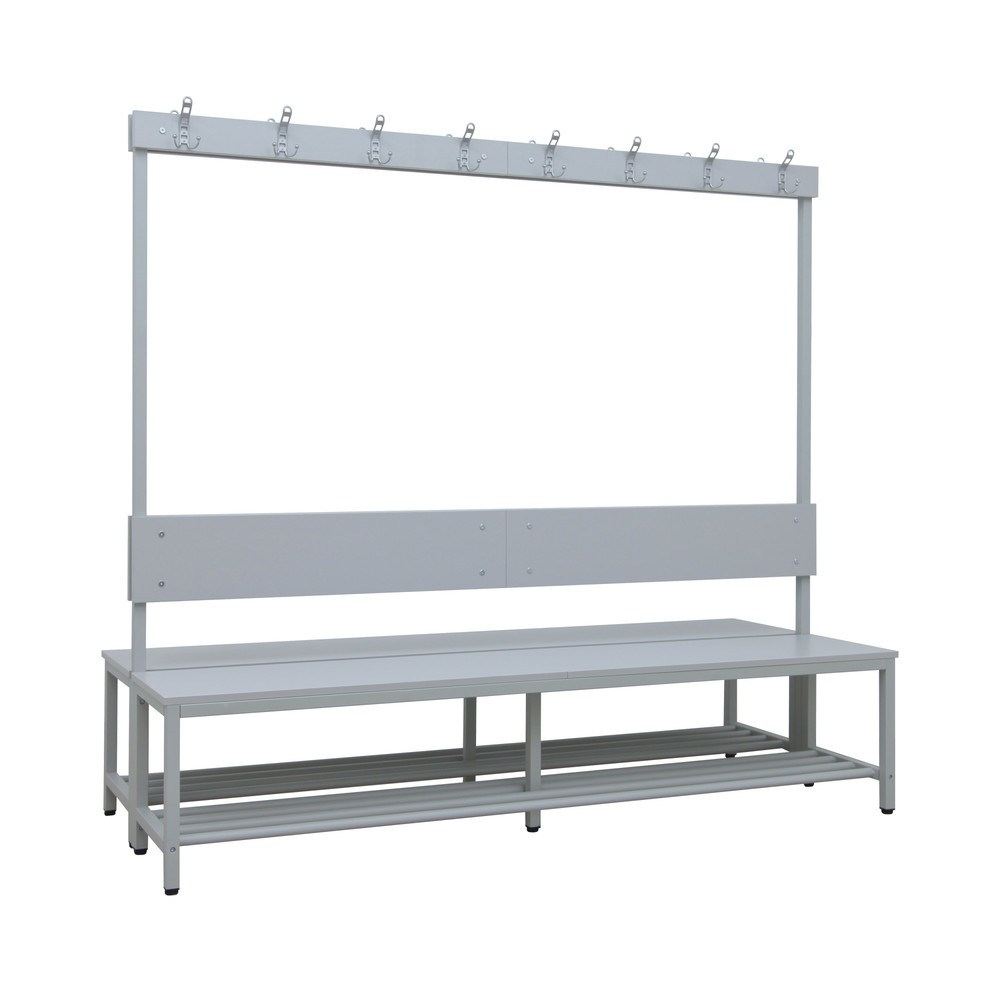 Číslo obrázku produktu 1: Lavice do šatny HEMMDAL HUB-1, oboustranná, s háčkovou lištou a roštem na boty, délka 2000 mm