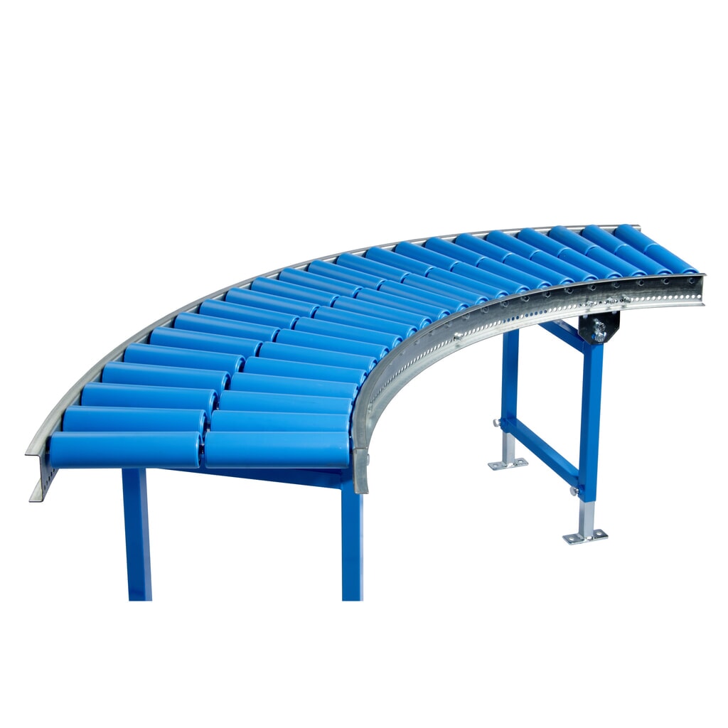 Obrázek produktu: Lehký válečkový dopravník BLUME, zatáčka 45˚, plastové válečky, Ø 50 mm, šířka dopravníku 300 mm, vzdálenost os 100 mm