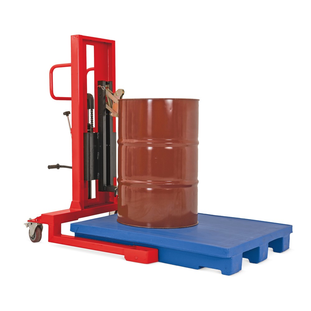 Číslo obrázku produktu 1: Manipulátor sudů se zvedáním pedálem, čelní uchycení, výška zdvihu 750 mm, nosnost 350 kg, RAL 3020 dopravní červená