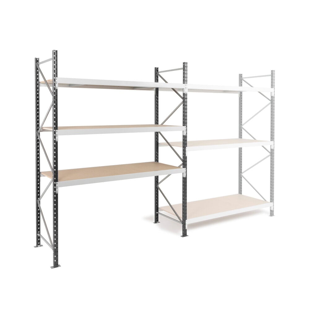 Obrázek produktu: ManOrga Široký regál s dřevotřískovými deskami, základní pole, grafitová šedá / světle šedá, VxŠxH 2000 x 1250 x 600 mm