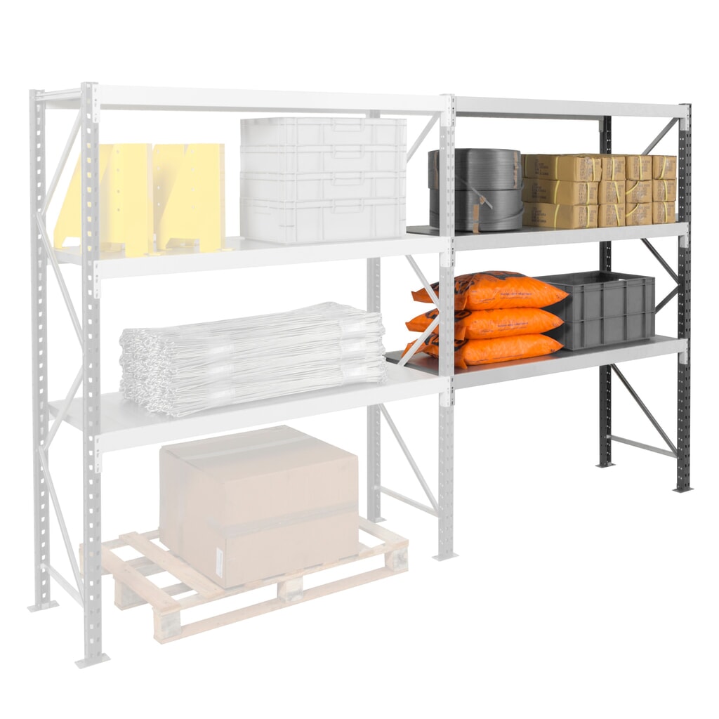 Číslo obrázku produktu 8: Široký regál ManOrga s ocelovými panely, přídavné pole, nosnost police 710 kg, VxŠxH 2 500 x 2 250 x 600 mm