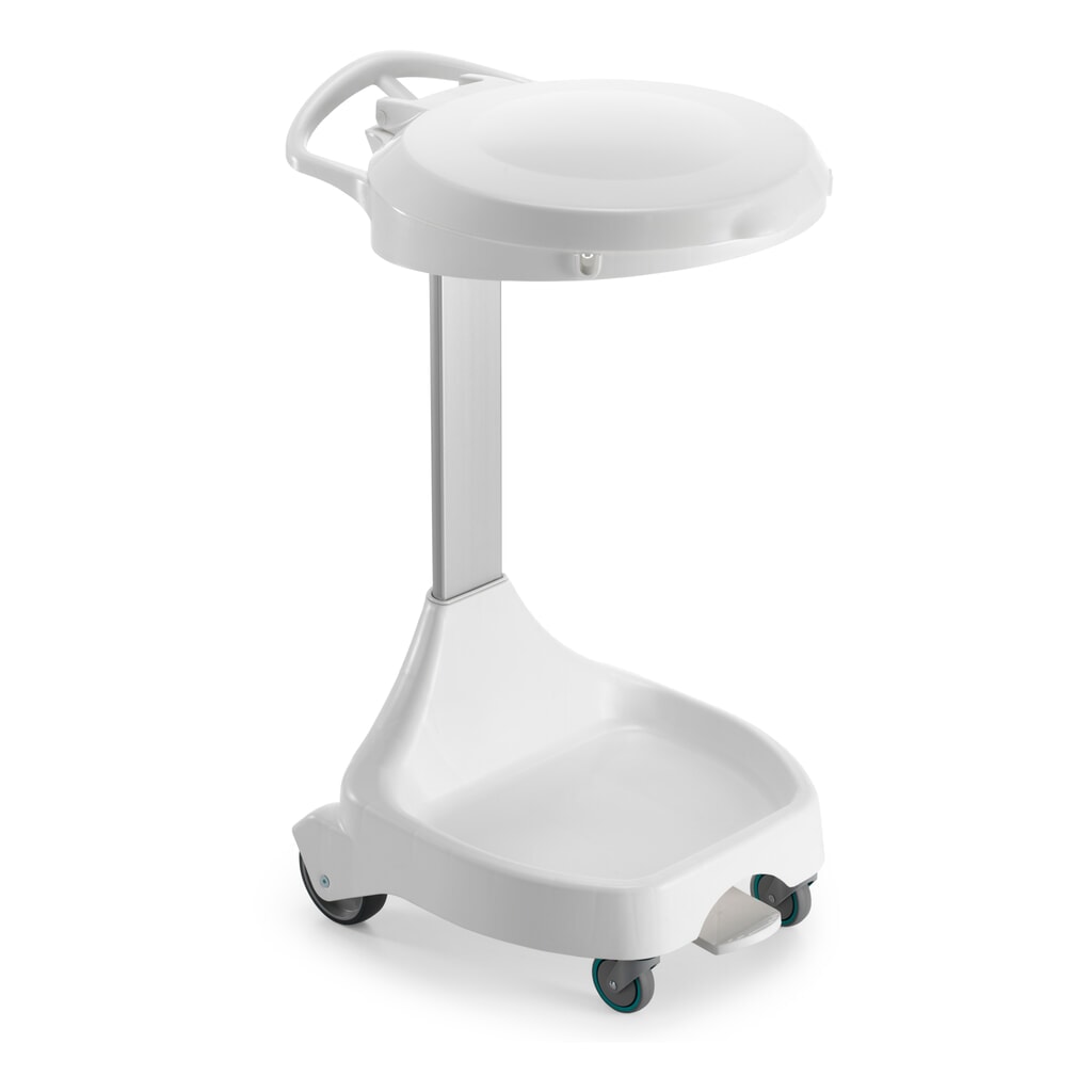 Číslo obrázku produktu 1: Pojízdný pedálový držák pytlů na odpad Delta I, pro 120litrové pytle, 2 kolečka + 2 řiditelná kolečka, bílý rám, modré víko