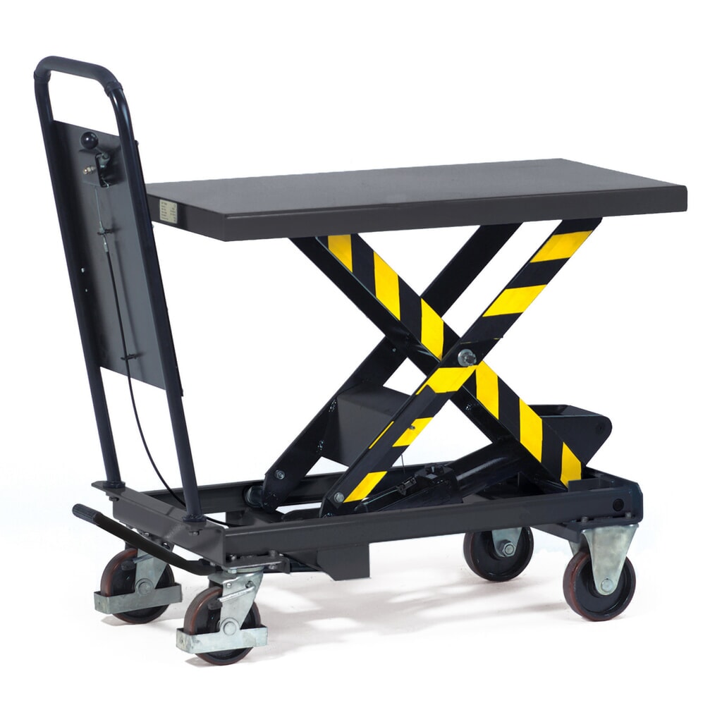 Vozík se zvedacím stolem fetra® s nůžkovým mechanismem a pojistkou proti protlačení, nosnost 500 kg, rozměry 1010 x 520 mm Obrázek produktu: Vozík se zvedacím stolem fetra® s nůžkovým mechanismem a pojistkou proti protlačení, nosnost 500 kg, rozměry 1010 x 520 mm