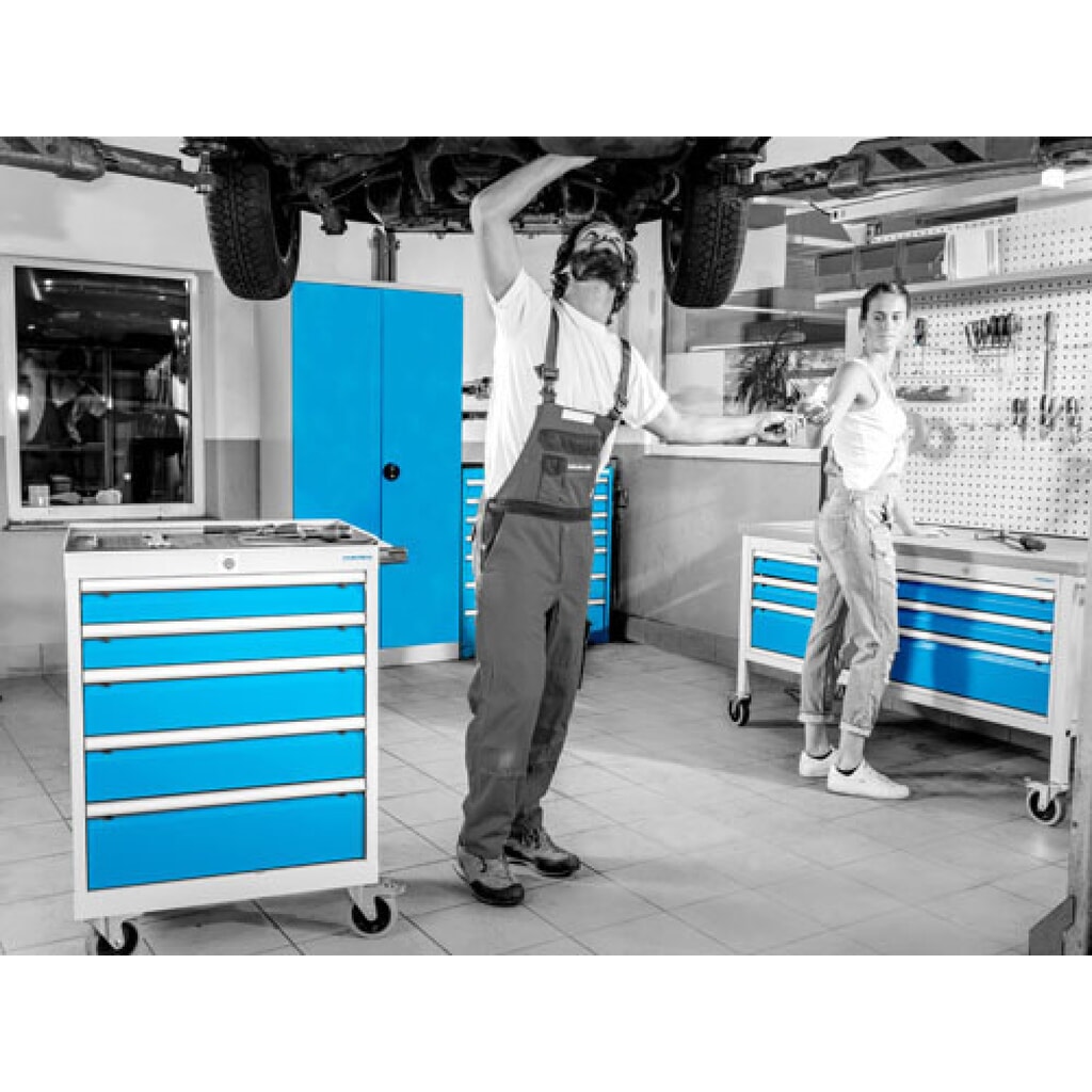 Číslo obrázku produktu 6: Mobilní pracovní stůl Bedrunka+Hirth R 18-24, VxŠxH 995 x 1250 x 750 mm, světle šedá, světle modrá, 8 ks zásuvka 8x150 mm