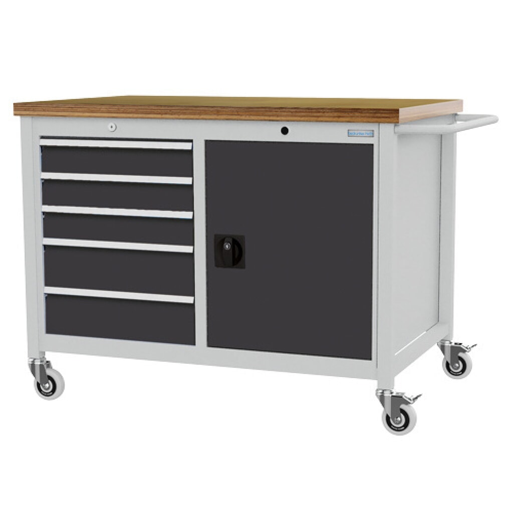 Obrázek produktu: Mobilní pracovní stůl Bedrunka+Hirth R 18-24, VxŠxH 950 x 1250 x 750 mm, světle šedá, antracitová šedá, 5 ks zásuvka 3x100 + 2x150 mm, 1 křídlové dveře 1x600 mm