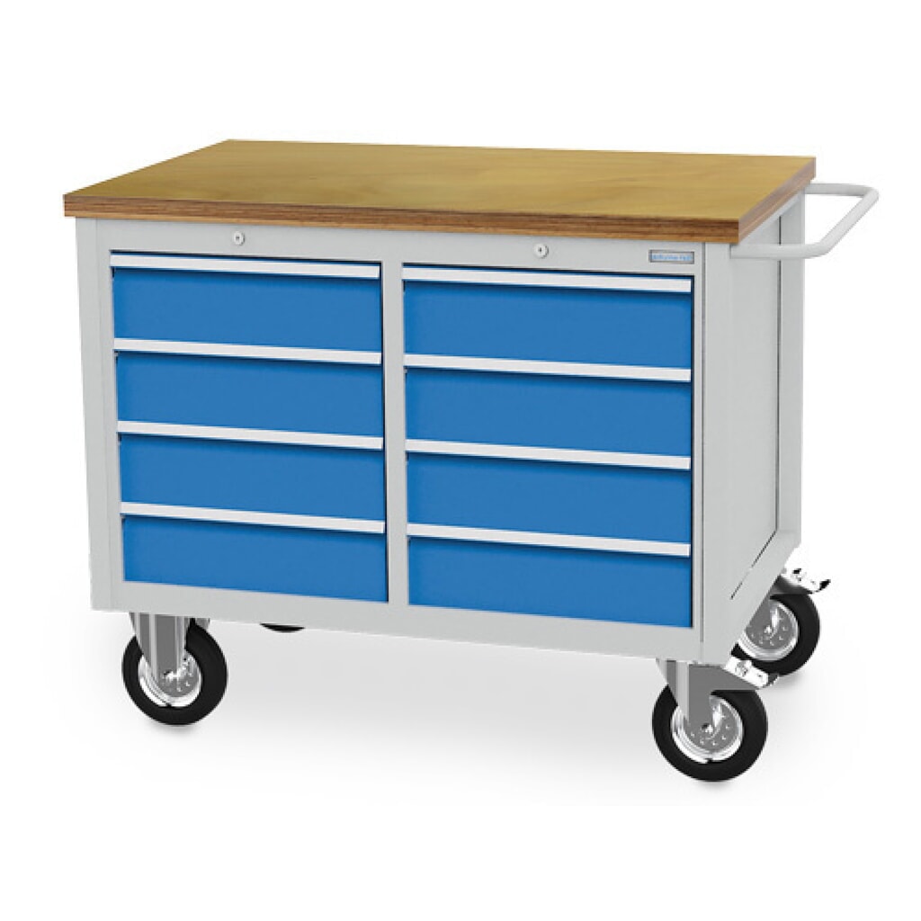 Mobilní pracovní stůl Bedrunka+Hirth R 18-24, VxŠxH 995 x 1250 x 750 mm, světle šedá, světle modrá, 8 ks zásuvka 8x150 mm Obrázek produktu: Mobilní pracovní stůl Bedrunka+Hirth R 18-24, VxŠxH 995 x 1250 x 750 mm, světle šedá, světle modrá, 8 ks zásuvka 8x150 mm