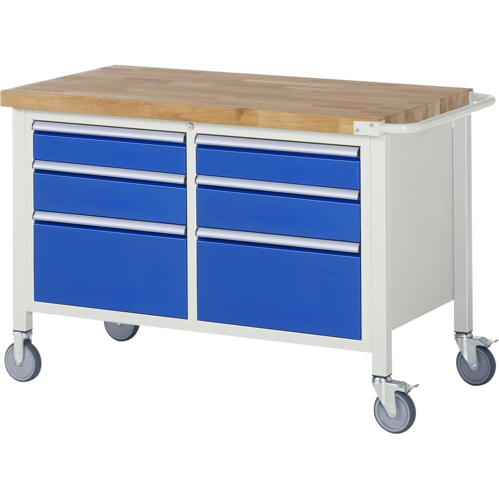 Číslo obrázku produktu 1: Mobilní pracovní stůl RAU řada 8000, 1 dvojitý kontejner, VxŠxH 880-1080 x 1250 x 700 mm, 6x zásuvka s výsuvem 90 %