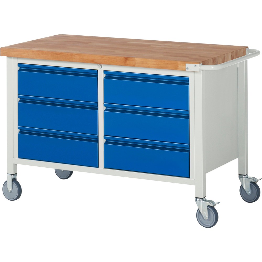 Číslo obrázku produktu 1: Mobilní pracovní stůl RAU řada 8000, 1 dvojitý kontejner, VxŠxH 880 x 1250 x 700 mm, 6 zásuvek 6 x 180 mm