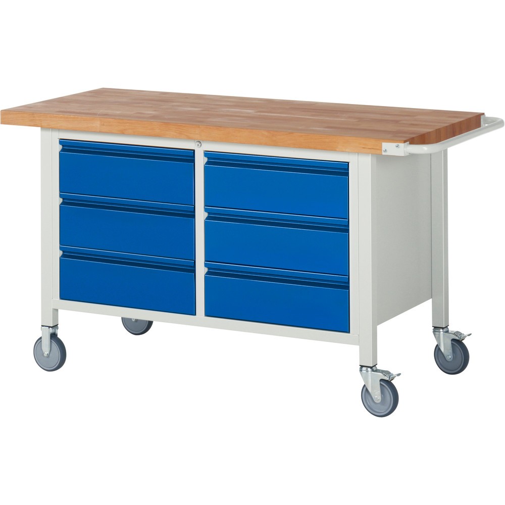 Číslo obrázku produktu 1: Mobilní pracovní stůl RAU řada 8000, 1 dvojitý kontejner, VxŠxH 880 x 1500 x 700 mm, 6 zásuvek 6 x 180 mm