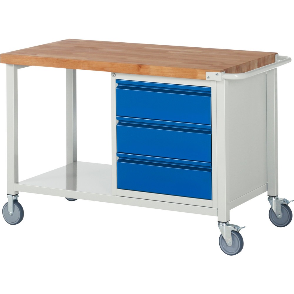 Číslo obrázku produktu 1: Mobilní pracovní stůl RAU řada 8000, 1 kontejner, VxŠxH 880 x 1250 x 700 mm, 3 zásuvky 3 x 180 mm, nosnost zásuvky 100 kg, 1 odkládací police hloubka 650 mm