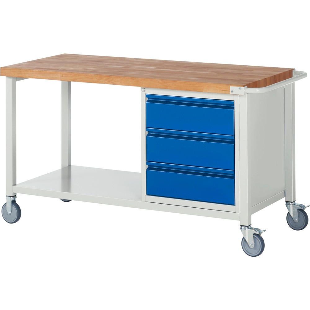 Číslo obrázku produktu 1: Mobilní pracovní stůl RAU řada 8000, 1 kontejner, VxŠxH 880 x 1500 x 700 mm, 3 zásuvky 3 x 180 mm, nosnost zásuvky 100 kg, 1 odkládací police hloubka 650 mm