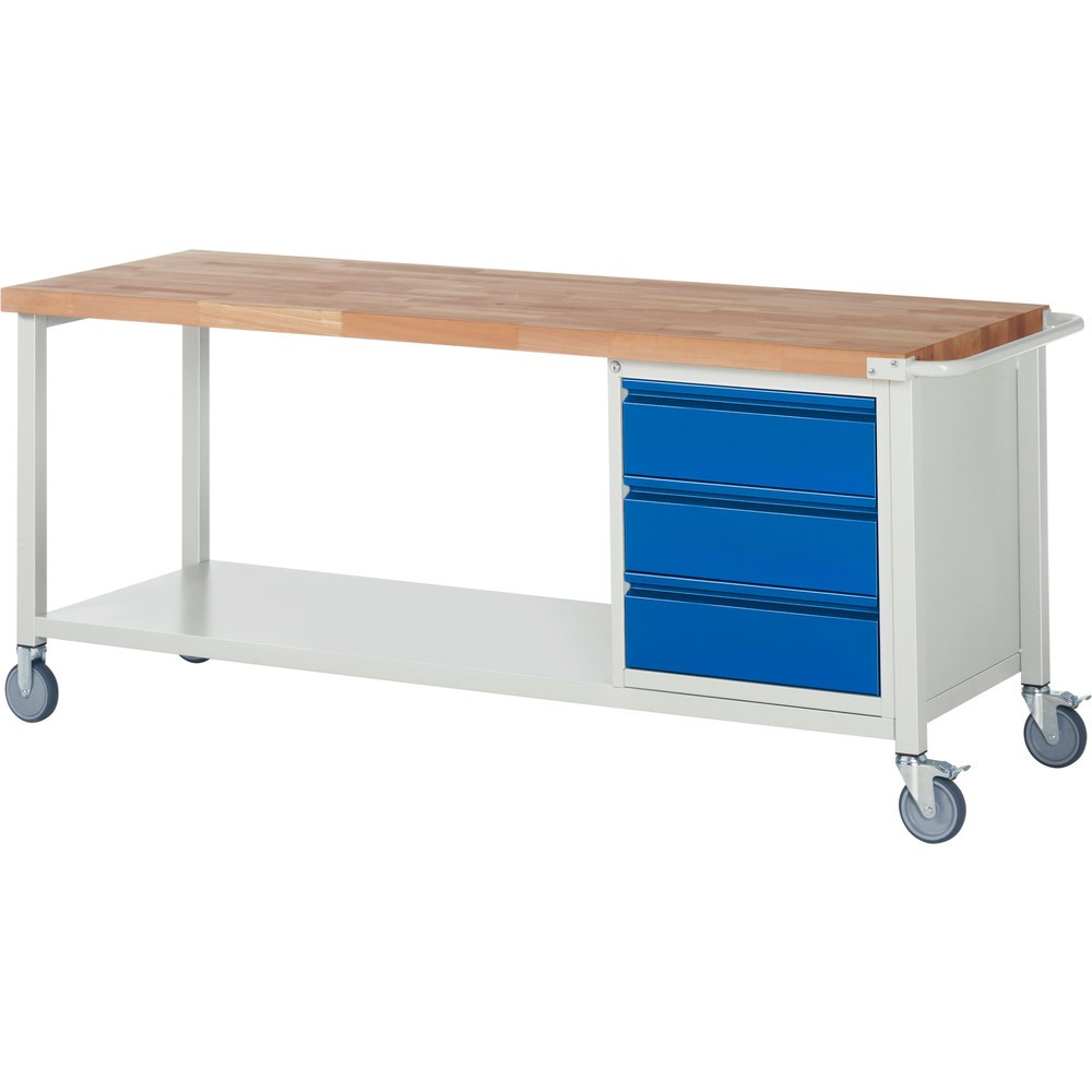 Číslo obrázku produktu 1: Mobilní pracovní stůl RAU řada 8000, 1 kontejner, VxŠxH 880 x 2000 x 700 mm, 3 zásuvky 3 x 180 mm, 1 odkládací police hloubka 650 mm