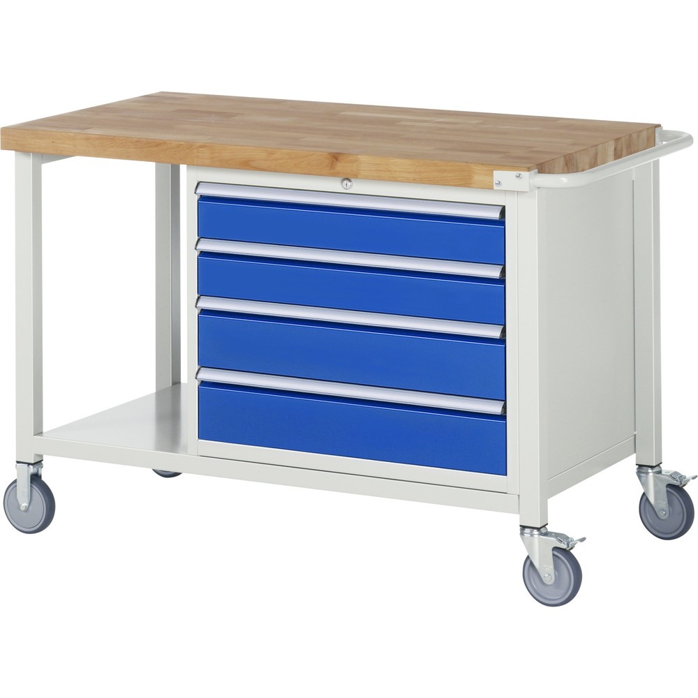 Číslo obrázku produktu 1: Mobilní pracovní stůl RAU řada 8000, 1 odkládací police, VxŠxH 880 x 1250 x 700 mm, 4x zásuvka s výsuvem 90 %, nosnost zásuvky 75 kg