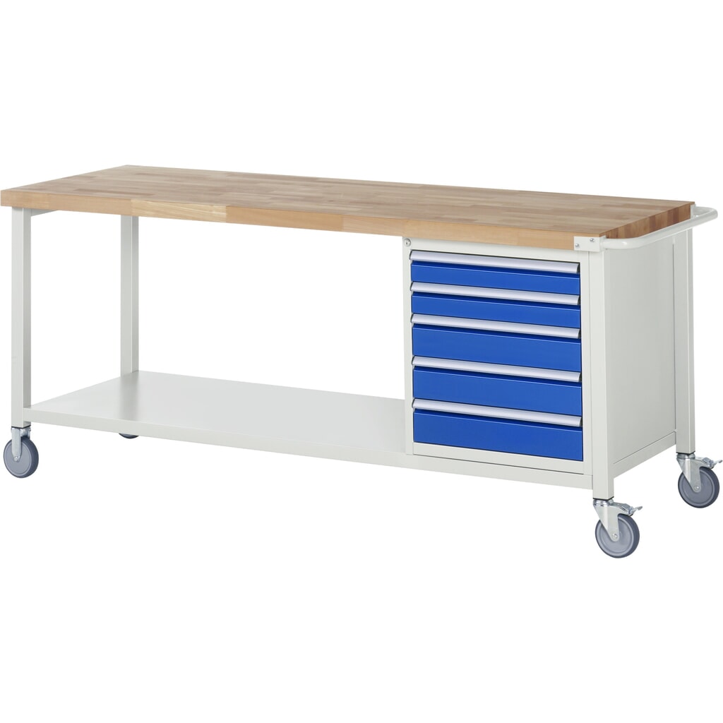 Obrázek produktu: Mobilní pracovní stůl RAU řada 8000, 1 kontejner, VxŠxH 880-1080 x 2 000 x 700 mm, 5 zásuvek, 2 x 90, 3 x 120 mm
