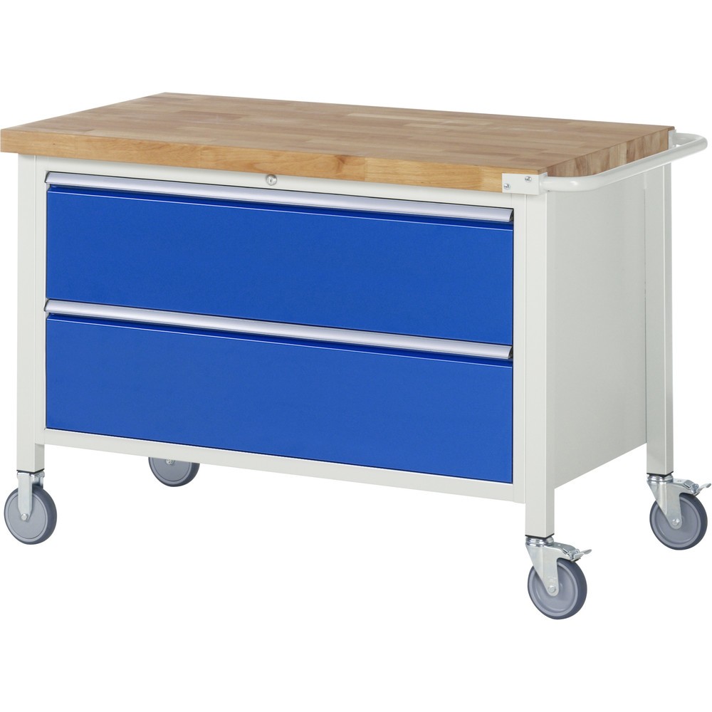 Obrázek produktu: Mobilní pracovní stůl RAU řada 8000, VxŠxH 880 x 1250 x 700 mm, 2x zásuvka s výsuvem 100 %, 2 x 270 mm, nosnost zásuvky 50 kg