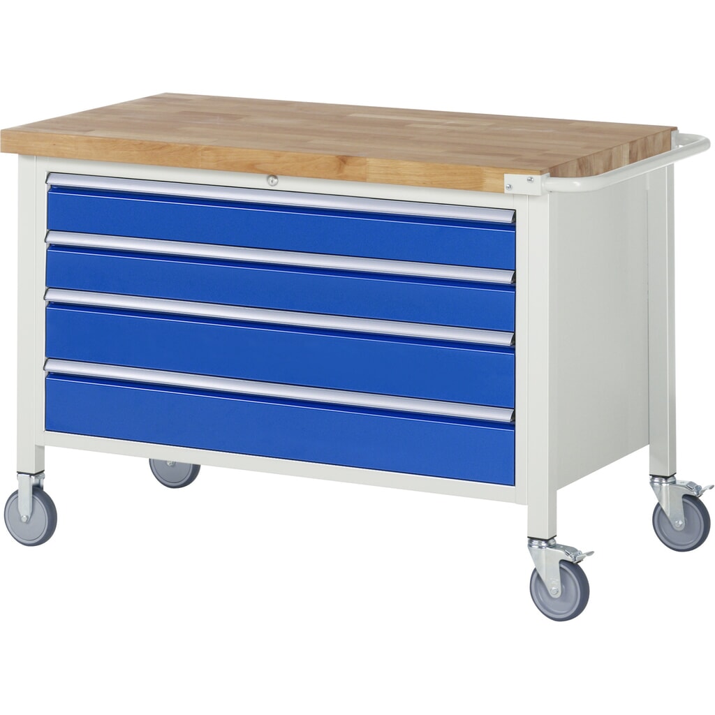 Obrázek produktu: Mobilní pracovní stůl RAU řada 8000, VxŠxH 880 x 1 250 x 700 mm, 4x zásuvka s výsuvem 100 %, 2 x 120, 2 x 150 mm, nosnost zásuvky 50 kg