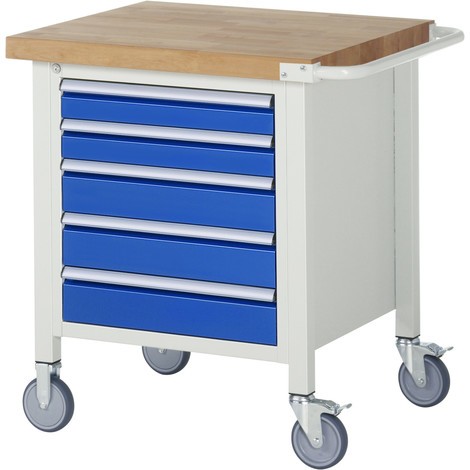 Mobilní pracovní stůl RAU řada 8000, 1 kontejner, VxŠxH 880-1080 x 750 x 700 mm, 5 zásuvek, 2 x 90, 3 x 120 mm