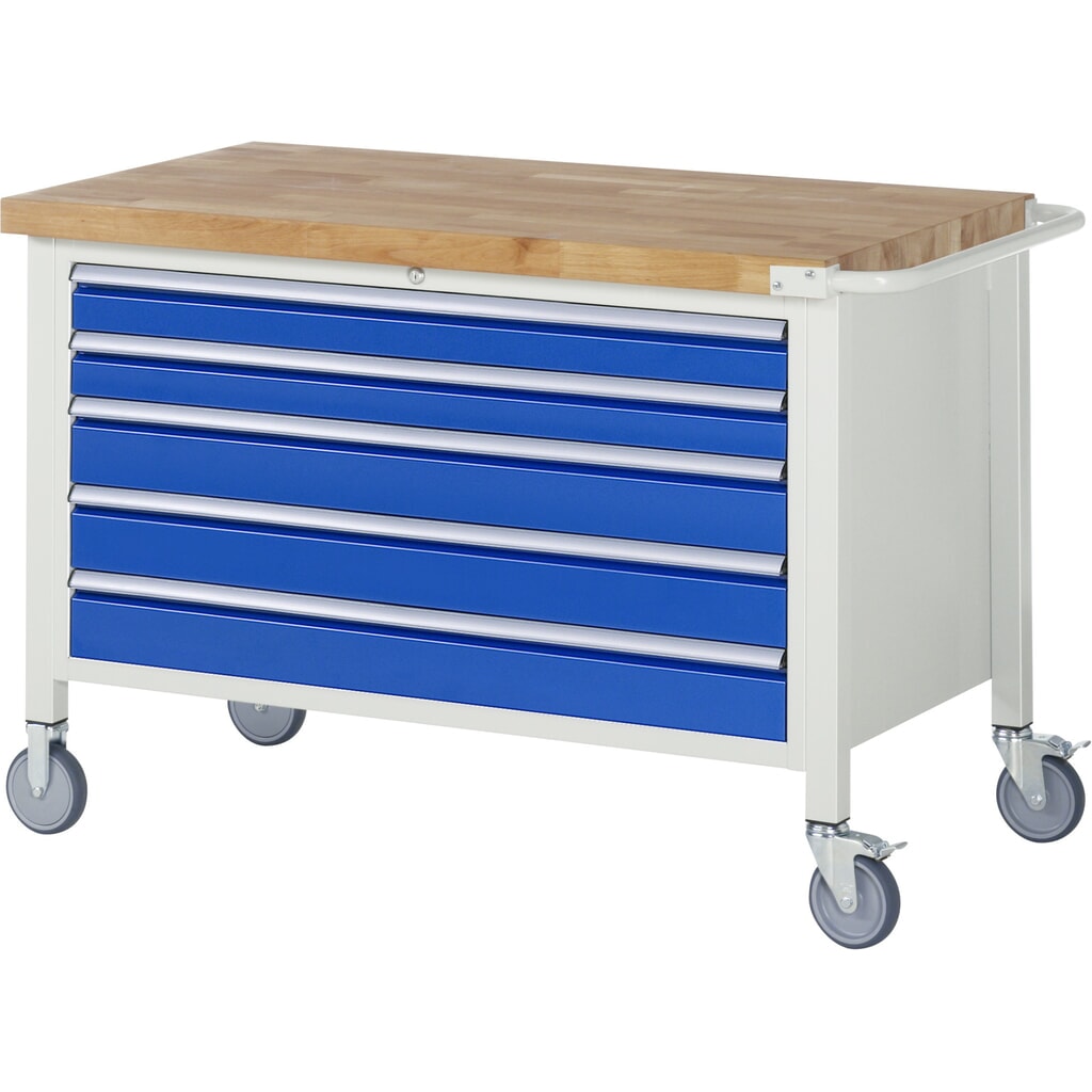 Mobilní pracovní stůl RAU řada 8000, VxŠxH 880 x 1250 x 700 mm, 5x zásuvka s výsuvem 100 %, nosnost zásuvky 50 kg Obrázek produktu: Mobilní pracovní stůl RAU řada 8000, VxŠxH 880 x 1250 x 700 mm, 5x zásuvka s výsuvem 100 %, nosnost zásuvky 50 kg