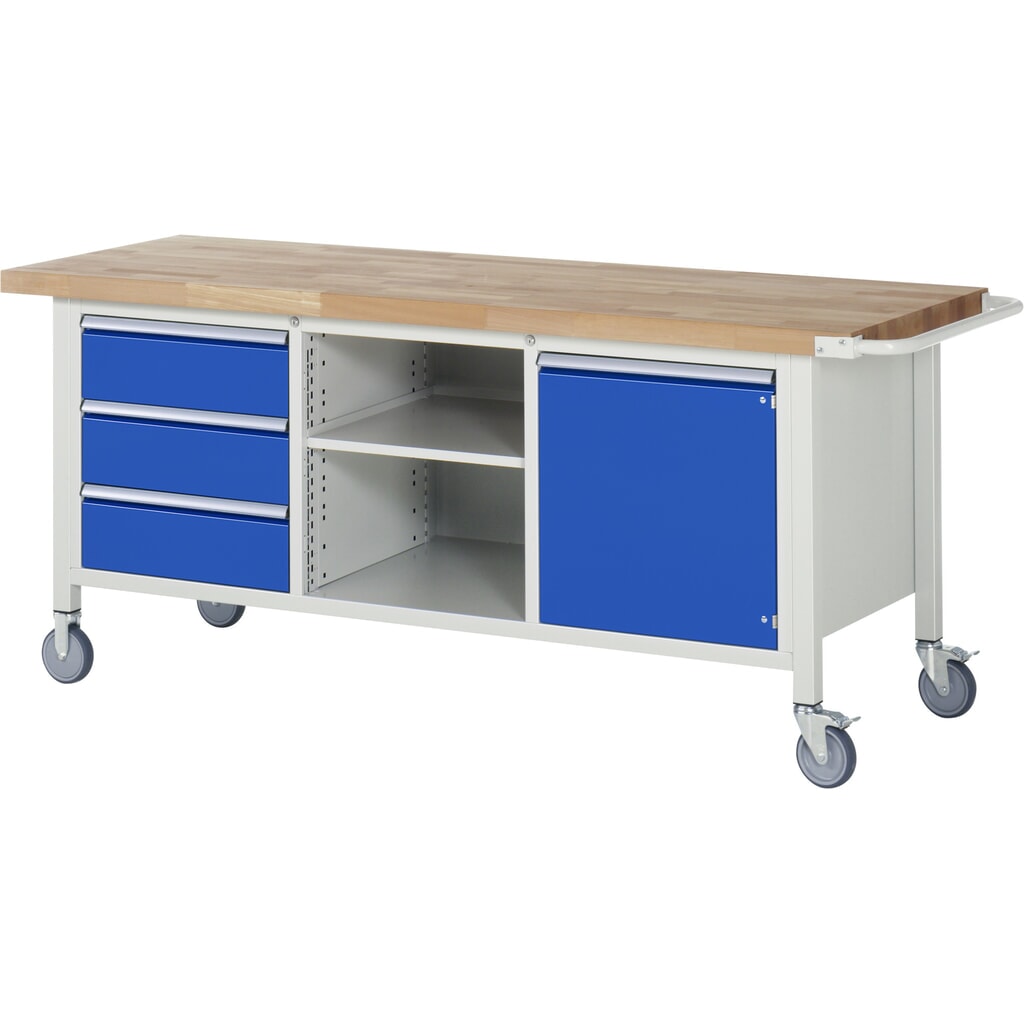 Obrázek produktu: Mobilní pracovní stůl RAU řada 8000, 1 trojitý kontejner, 1 police, 1 křídlové dveře, VxŠxH 880-1080 x 2000 x 700 mm, 3x zásuvka s výsuvem 90 %