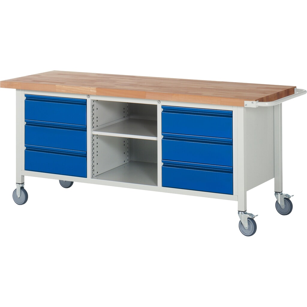 Mobilní pracovní stůl RAU řada 8000, 1 trojitý kontejner, 1 police, VxŠxH 880 x 2000 x 700 mm, 6x zásuvka 6 x 180 mm Číslo obrázku produktu 1: Mobilní pracovní stůl RAU řada 8000, 1 trojitý kontejner, 1 police, VxŠxH 880 x 2000 x 700 mm, 6x zásuvka 6 x 180 mm