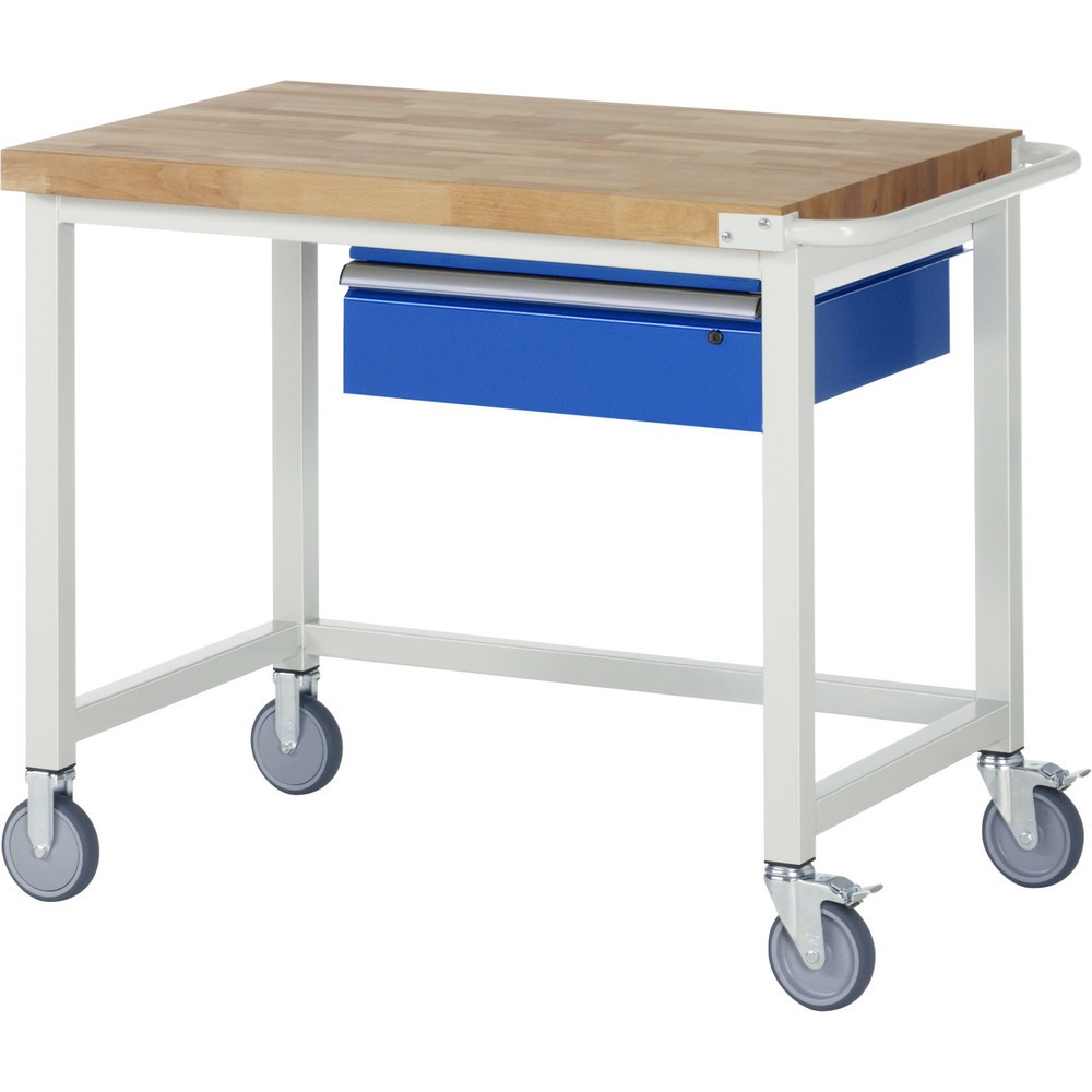 Obrázek produktu: Mobilní pracovní stůl RAU řada 8000, VxŠxH 880-1080 x 1 000 x 700 mm, 1 zásuvka 1 x 150 mm, nosnost zásuvky 50 kg