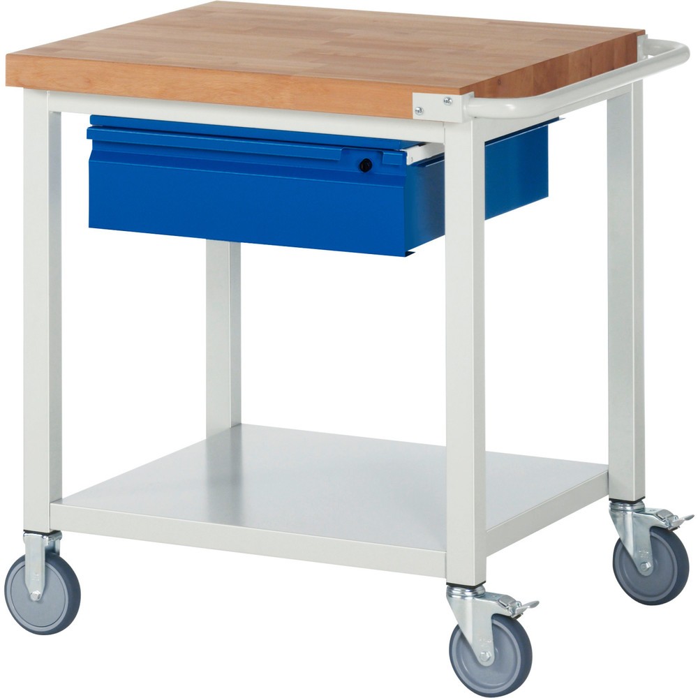 Číslo obrázku produktu 1: Mobilní pracovní stůl RAU řada 8000, pracovní deska z bukového masivu, tloušťka 40 mm, VxŠxH 880 x 750 x 700 mm, 1 zásuvka, 1 odkládací police hloubka 650 mm