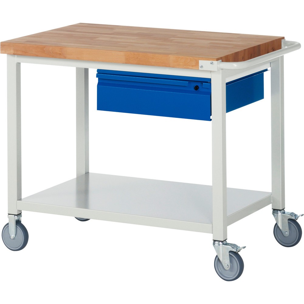 Číslo obrázku produktu 1: Mobilní pracovní stůl RAU řada 8000, pracovní deska z bukového masivu, tloušťka 40 mm, VxŠxH 880 x 1 000 x 700 mm, 1 zásuvka, 1 odkládací police hloubka 650 mm