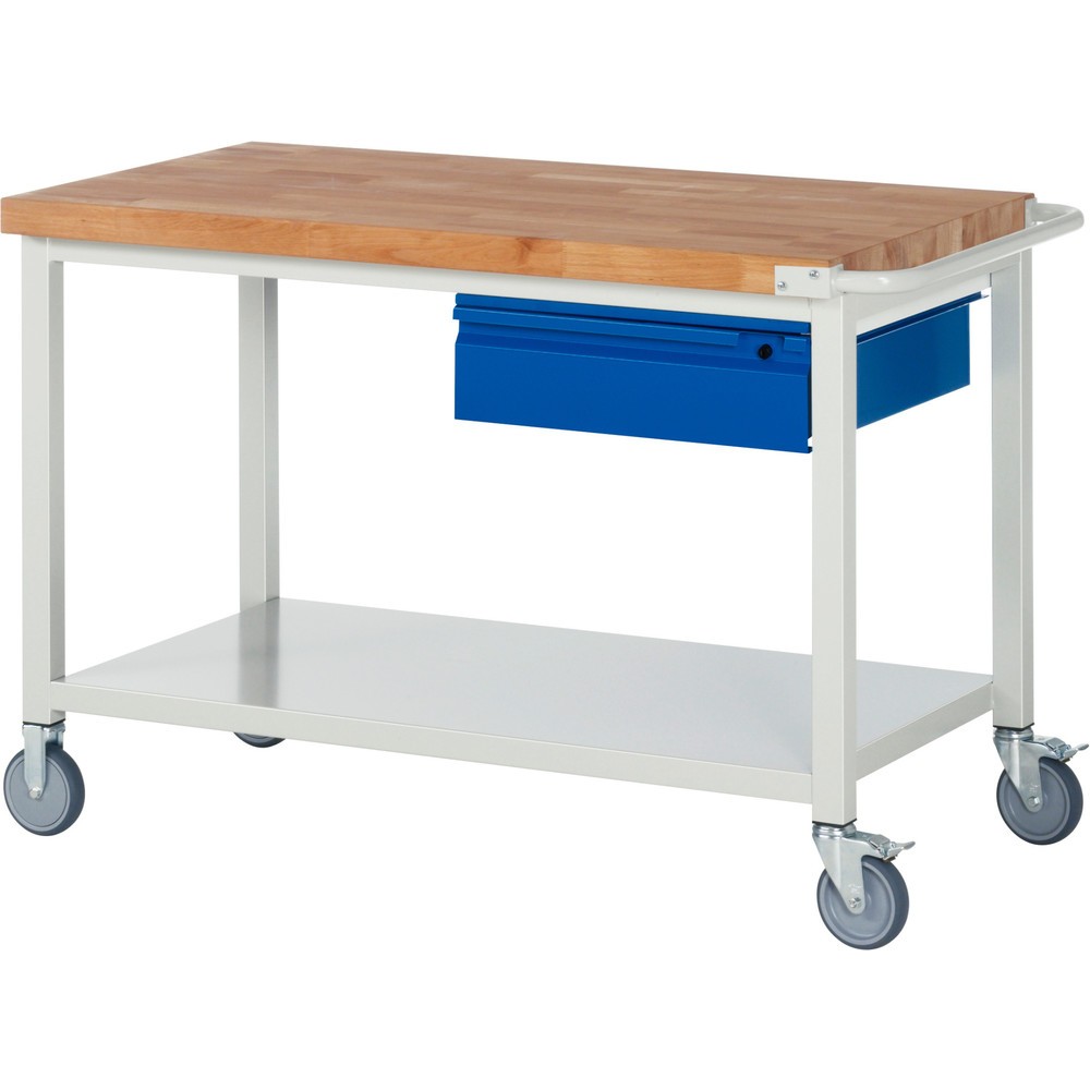 Číslo obrázku produktu 1: Mobilní pracovní stůl RAU řada 8000, pracovní deska z bukového masivu, tloušťka 40 mm, VxŠxH 880 x 1 250 x 700 mm, 1 zásuvka, 1 odkládací police hloubka 650 mm
