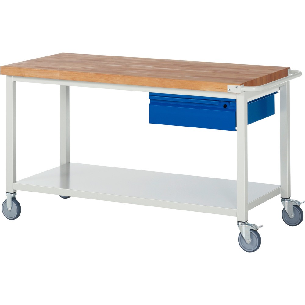 Obrázek produktu: Mobilní pracovní stůl RAU řada 8000, pracovní deska z bukového masivu, tloušťka 40 mm, VxŠxH 880 x 1 500 x 700 mm, 1 zásuvka, 1 odkládací police hloubka 650 mm
