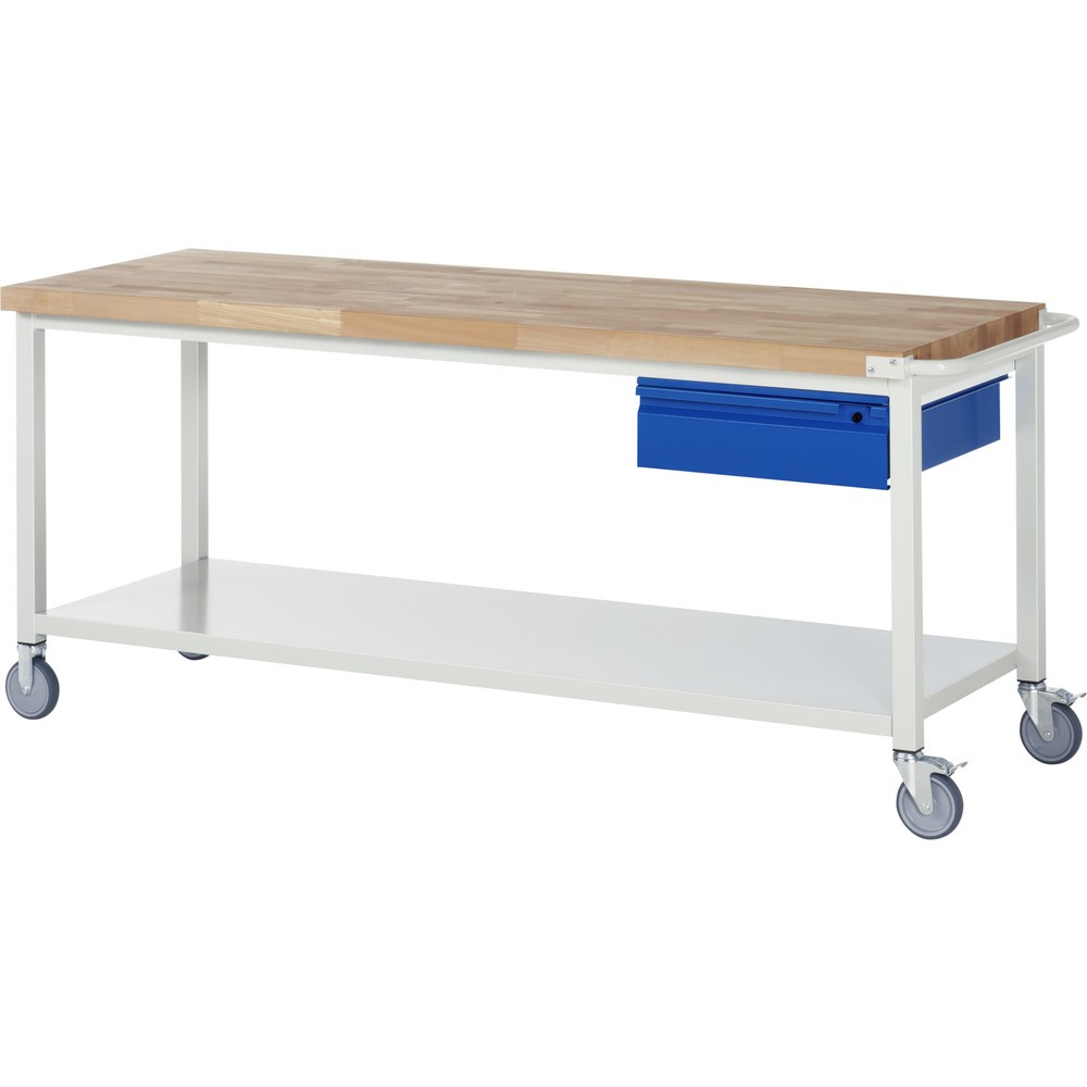 Obrázek produktu: Mobilní pracovní stůl RAU řada 8000, pracovní deska z bukového masivu, tloušťka 40 mm, VxŠxH 880 x 2 000 x 700 mm, 1 zásuvka, 1 odkládací police hloubka 650 mm
