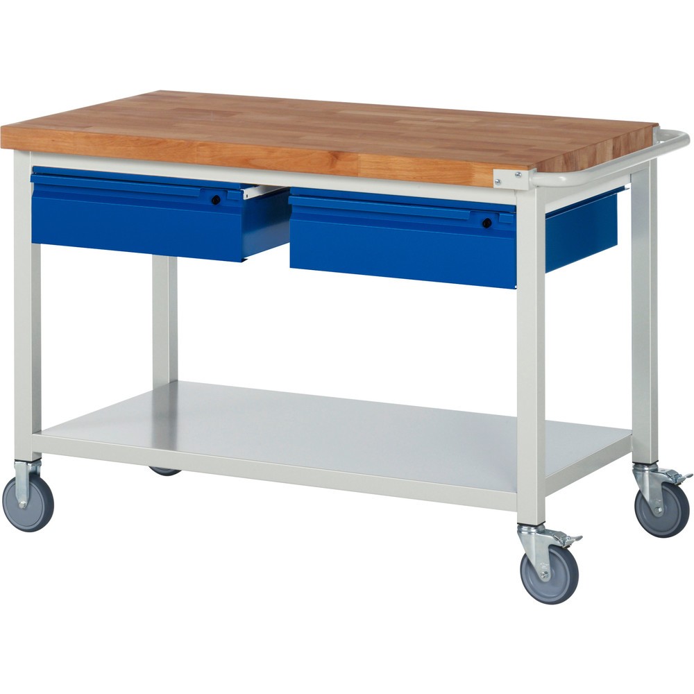 Číslo obrázku produktu 1: Mobilní pracovní stůl RAU řada 8000, pracovní deska z bukového masivu, tloušťka 40 mm, VxŠxH 880 x 1 250 x 700 mm, 2 zásuvky, 1 odkládací police hloubka 650 mm